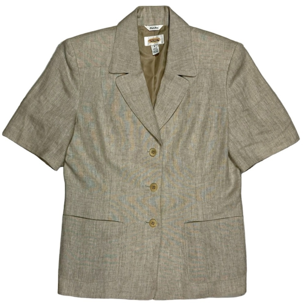 Talbots EUC‎ Irish Linen Lined Blazer Size 8 Oatmeal Tan Beige Short Sleeve